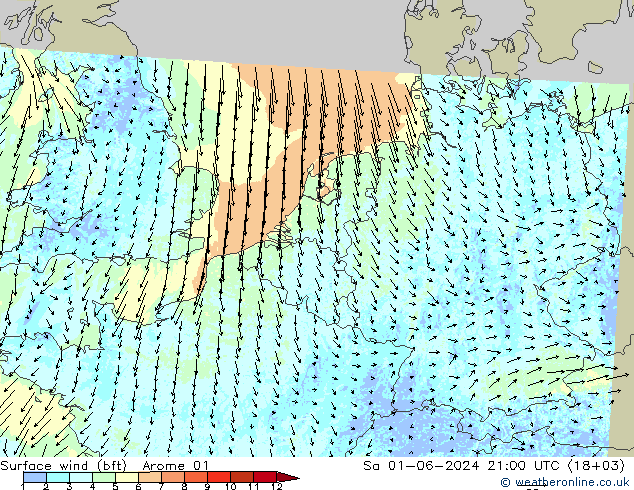 Vento 10 m (bft) Arome 01 Sáb 01.06.2024 21 UTC