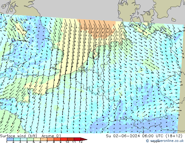 Rüzgar 10 m (bft) Arome 01 Paz 02.06.2024 06 UTC
