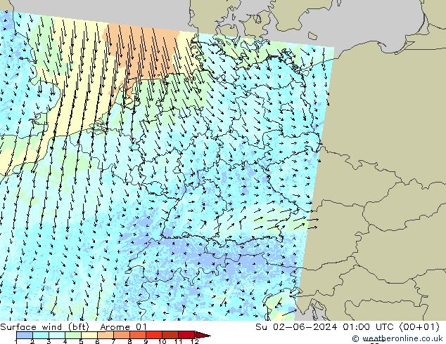 Vento 10 m (bft) Arome 01 Dom 02.06.2024 01 UTC