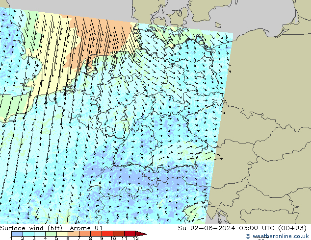 Rüzgar 10 m (bft) Arome 01 Paz 02.06.2024 03 UTC