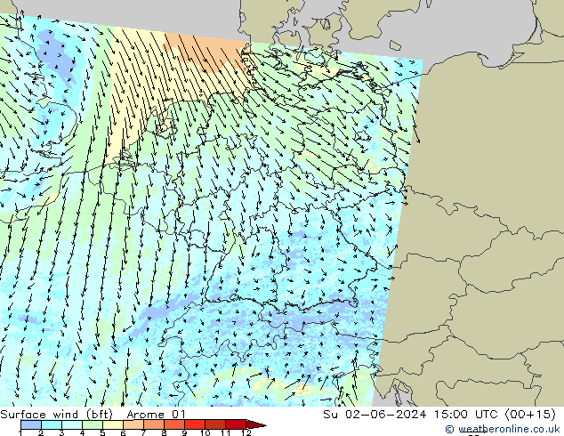 Surface wind (bft) Arome 01 Ne 02.06.2024 15 UTC