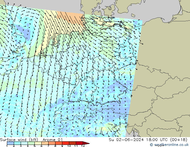 Surface wind (bft) Arome 01 Ne 02.06.2024 18 UTC