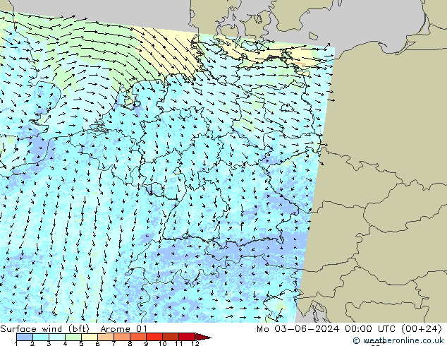 Rüzgar 10 m (bft) Arome 01 Pzt 03.06.2024 00 UTC