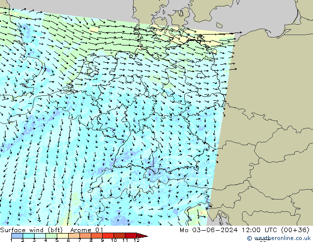 Viento 10 m (bft) Arome 01 lun 03.06.2024 12 UTC