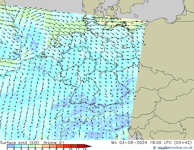  10 m (bft) Arome 01  03.06.2024 18 UTC