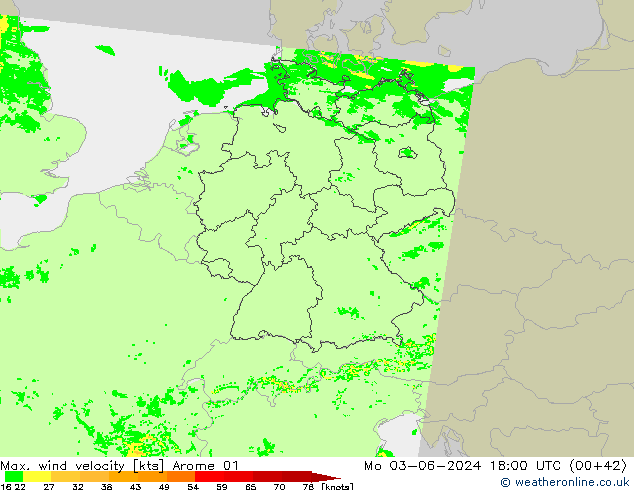 Max. wind velocity Arome 01 lun 03.06.2024 18 UTC