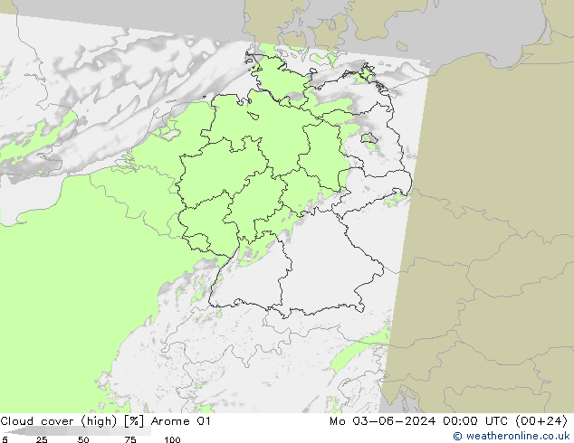 Cloud cover (high) Arome 01 Mo 03.06.2024 00 UTC