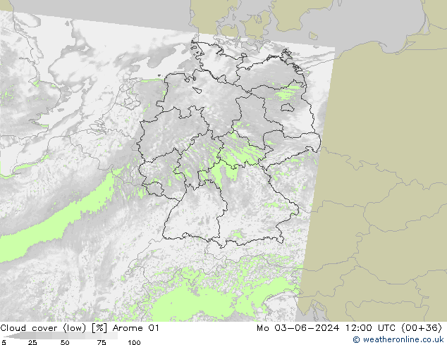 Cloud cover (low) Arome 01 Mo 03.06.2024 12 UTC