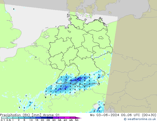 Precipitation (6h) Arome 01 Po 03.06.2024 06 UTC