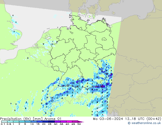 Totale neerslag (6h) Arome 01 ma 03.06.2024 18 UTC