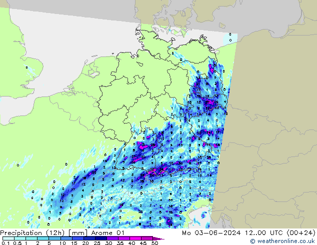 降水量 (12h) Arome 01 星期一 03.06.2024 00 UTC