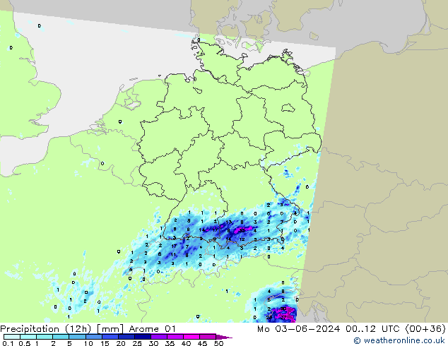 Precipitation (12h) Arome 01 Po 03.06.2024 12 UTC