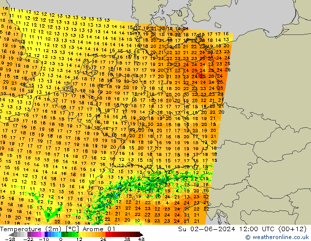 Temperaturkarte (2m) Arome 01 So 02.06.2024 12 UTC