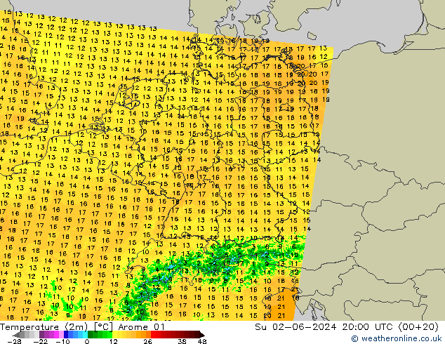 Temperature (2m) Arome 01 Ne 02.06.2024 20 UTC