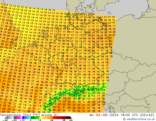 Temperatuurkaart (2m) Arome 01 ma 03.06.2024 18 UTC