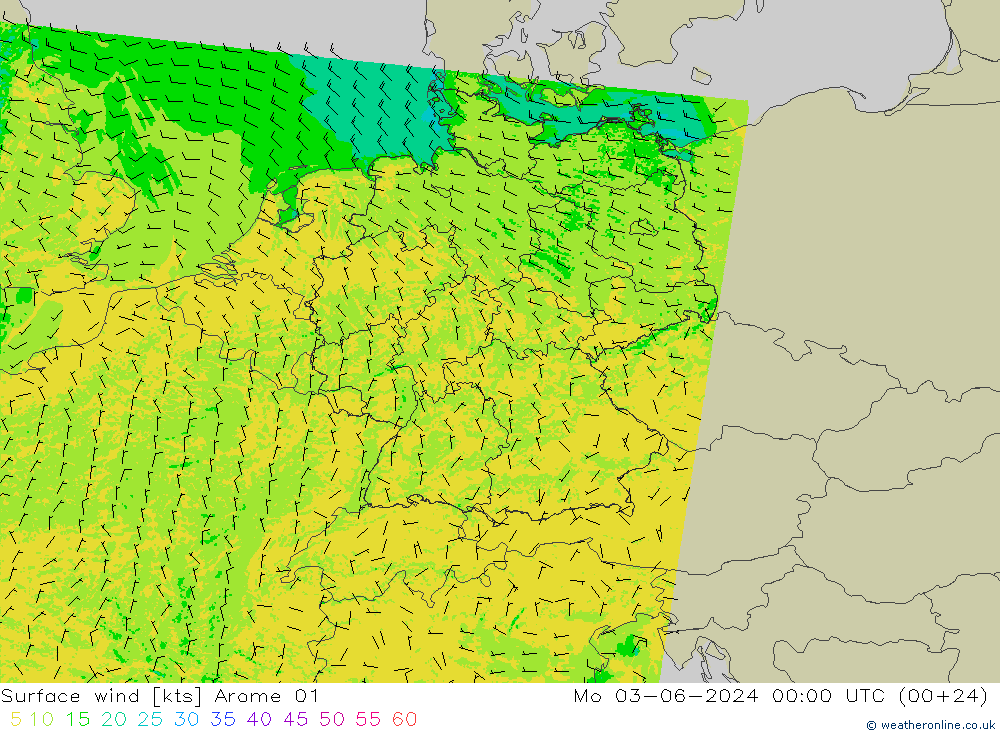 wiatr 10 m Arome 01 pon. 03.06.2024 00 UTC