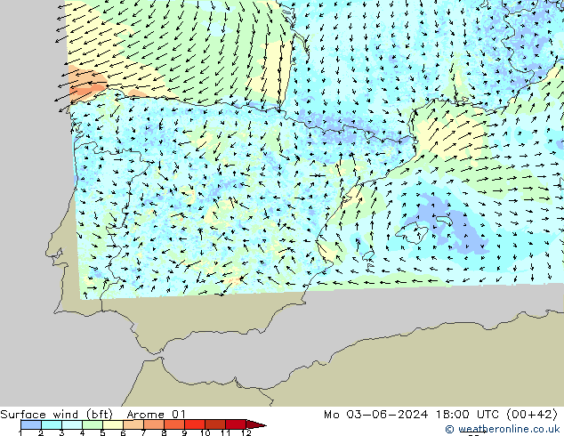 Surface wind (bft) Arome 01 Mo 03.06.2024 18 UTC