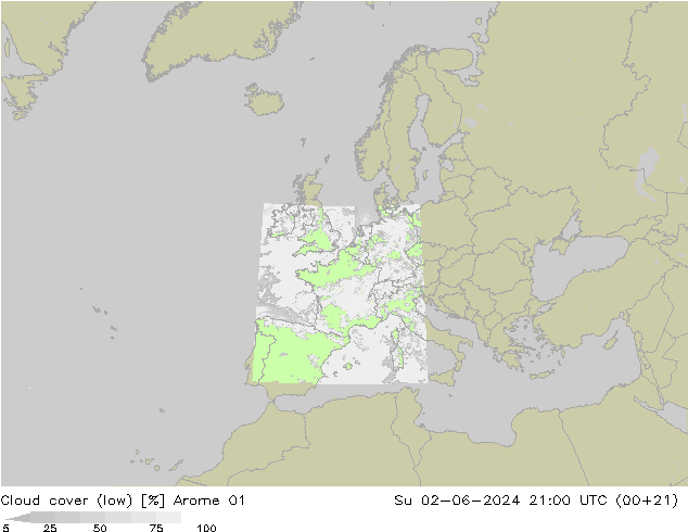 Cloud cover (low) Arome 01 Su 02.06.2024 21 UTC