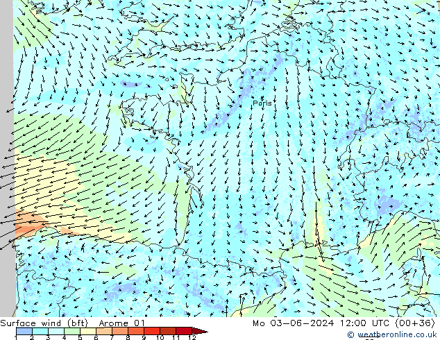 Surface wind (bft) Arome 01 Po 03.06.2024 12 UTC