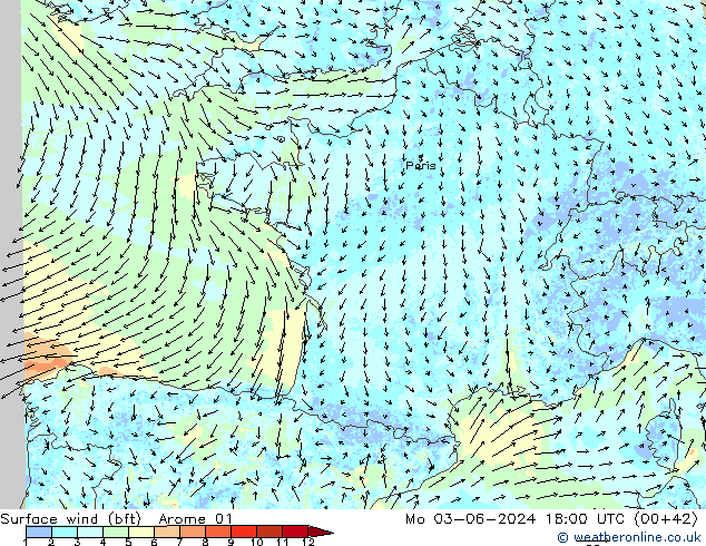 Wind 10 m (bft) Arome 01 ma 03.06.2024 18 UTC