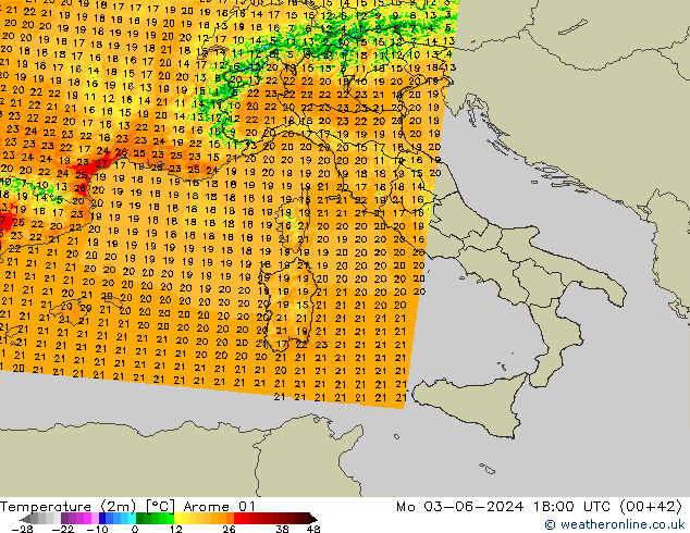 Temperatuurkaart (2m) Arome 01 ma 03.06.2024 18 UTC