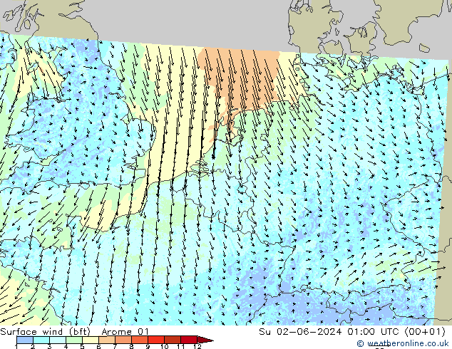 Surface wind (bft) Arome 01 Su 02.06.2024 01 UTC