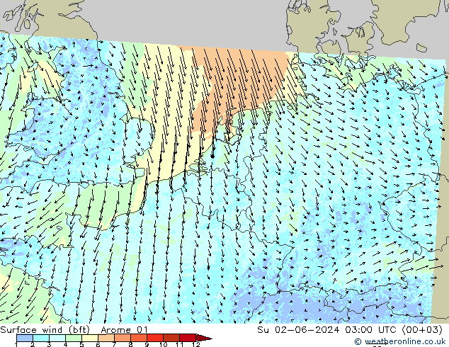 Wind 10 m (bft) Arome 01 zo 02.06.2024 03 UTC