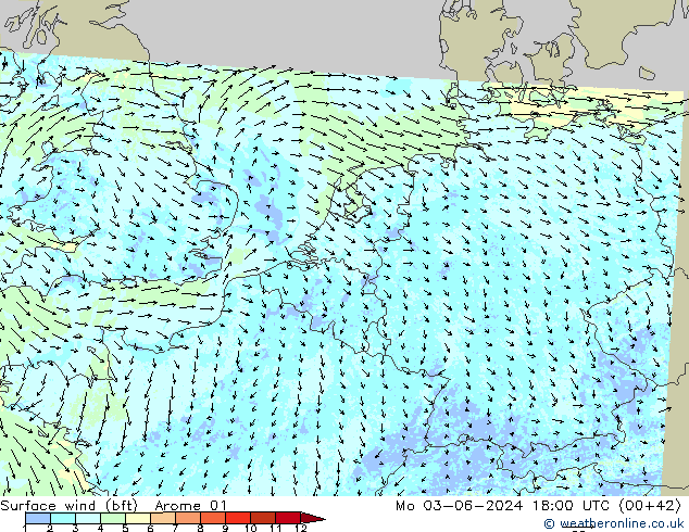 Wind 10 m (bft) Arome 01 ma 03.06.2024 18 UTC