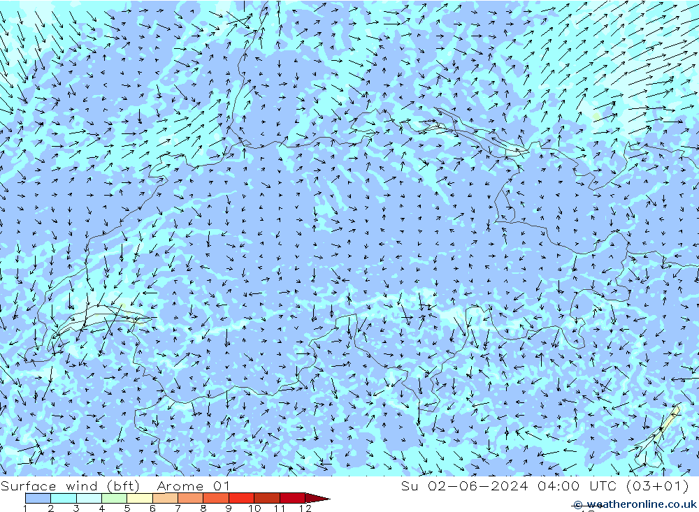 Vent 10 m (bft) Arome 01 dim 02.06.2024 04 UTC