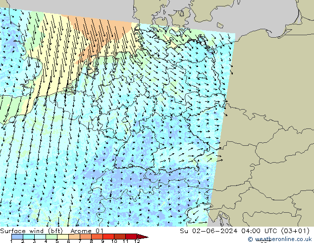 Wind 10 m (bft) Arome 01 zo 02.06.2024 04 UTC
