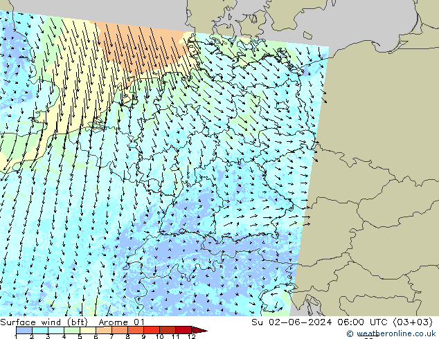 Wind 10 m (bft) Arome 01 zo 02.06.2024 06 UTC