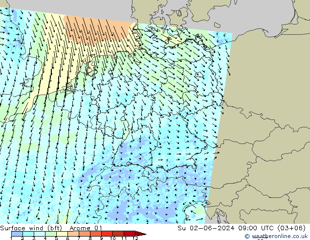 wiatr 10 m (bft) Arome 01 nie. 02.06.2024 09 UTC
