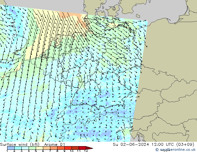  10 m (bft) Arome 01  02.06.2024 12 UTC