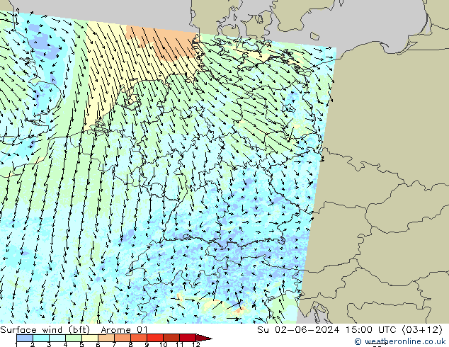 Wind 10 m (bft) Arome 01 zo 02.06.2024 15 UTC