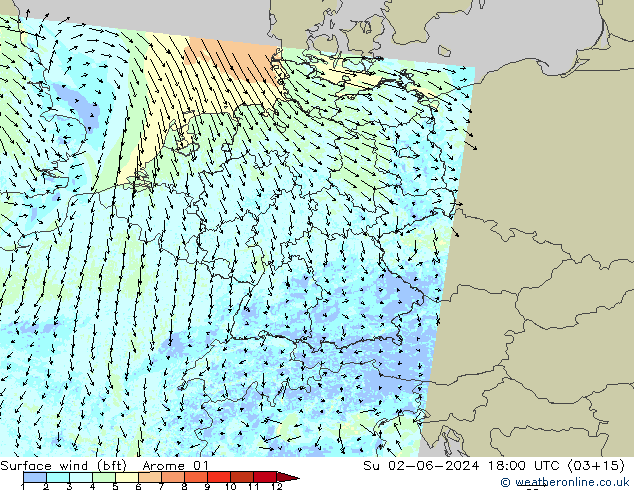 Wind 10 m (bft) Arome 01 zo 02.06.2024 18 UTC