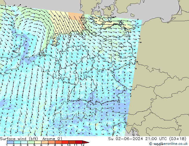 Vent 10 m (bft) Arome 01 dim 02.06.2024 21 UTC