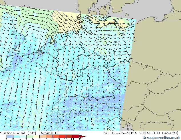 wiatr 10 m (bft) Arome 01 nie. 02.06.2024 23 UTC