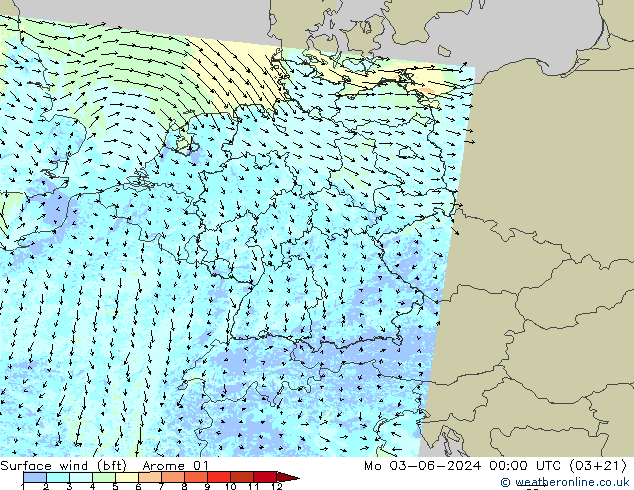 Bodenwind (bft) Arome 01 Mo 03.06.2024 00 UTC