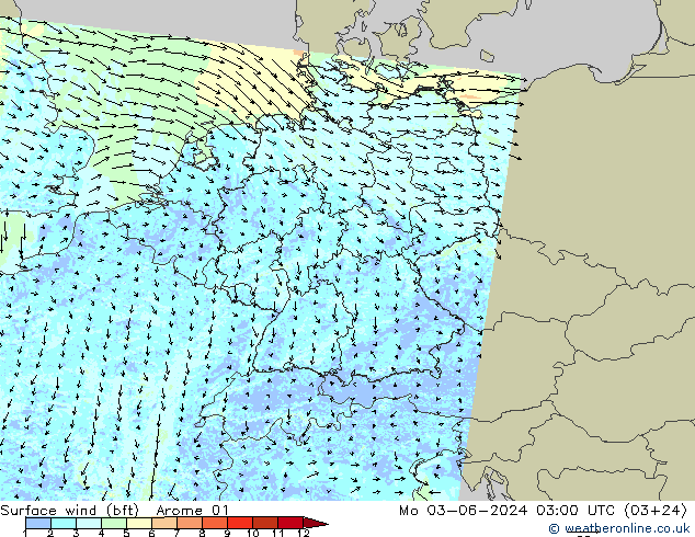wiatr 10 m (bft) Arome 01 pon. 03.06.2024 03 UTC