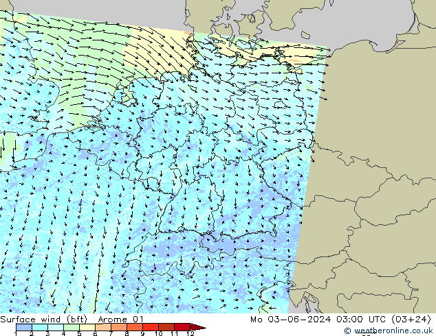 Vento 10 m (bft) Arome 01 Seg 03.06.2024 03 UTC