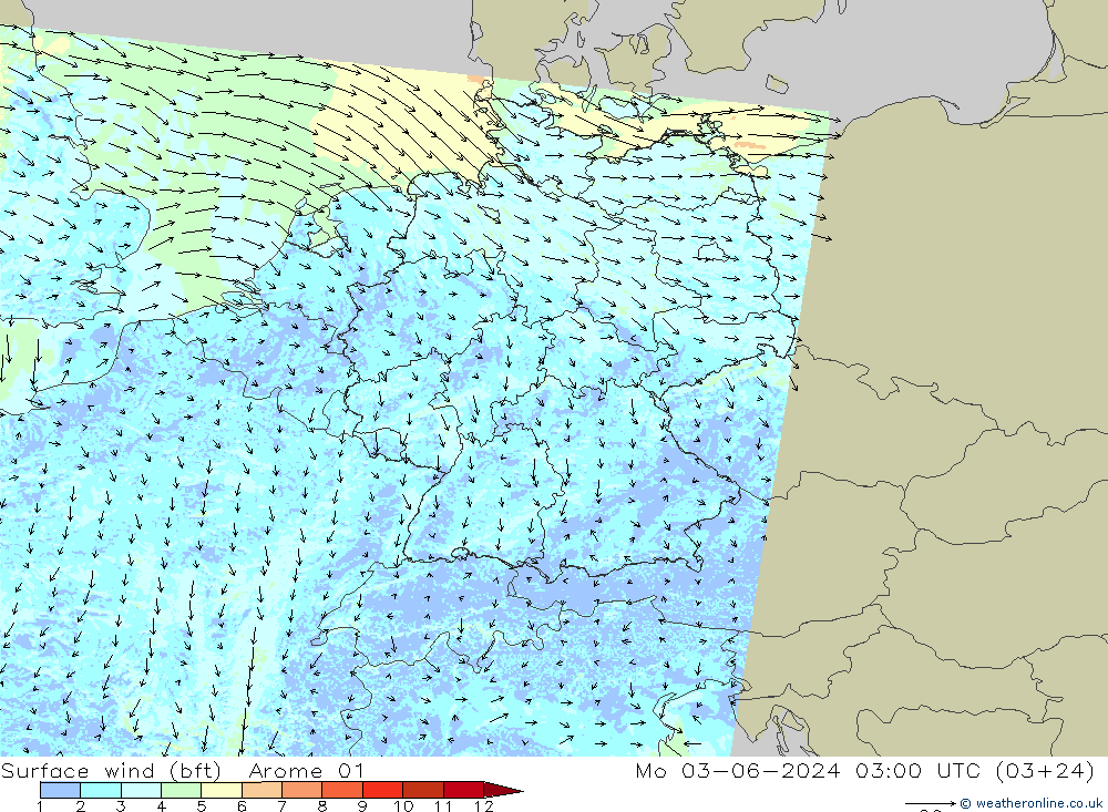 Surface wind (bft) Arome 01 Mo 03.06.2024 03 UTC