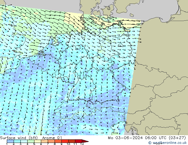 Wind 10 m (bft) Arome 01 ma 03.06.2024 06 UTC