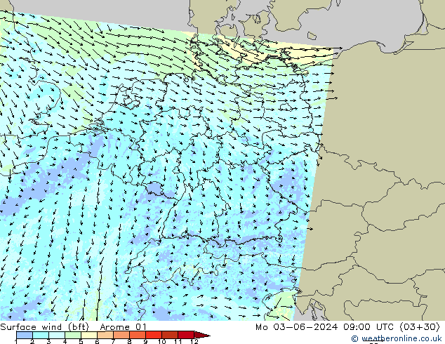 Surface wind (bft) Arome 01 Po 03.06.2024 09 UTC