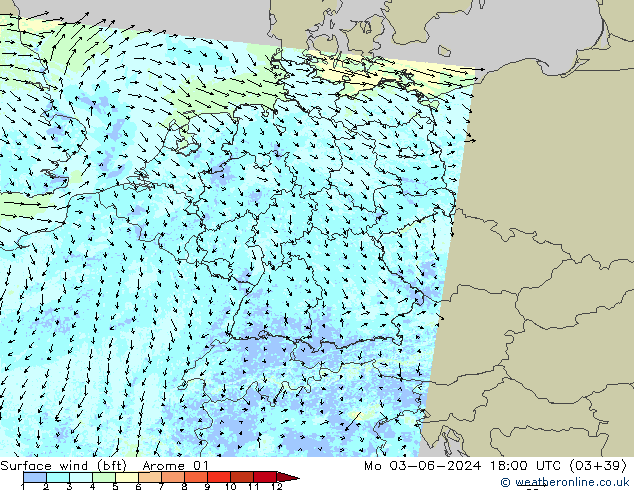 Rüzgar 10 m (bft) Arome 01 Pzt 03.06.2024 18 UTC
