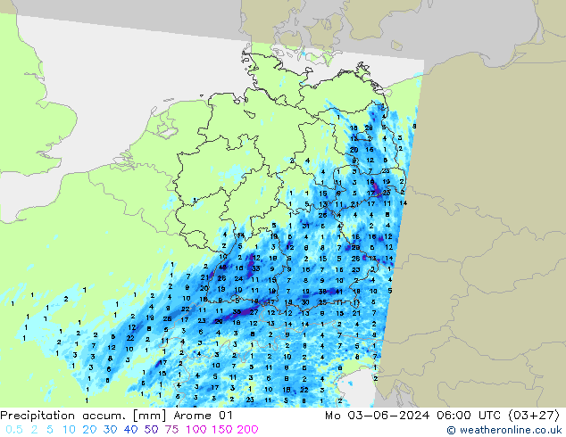Precipitation accum. Arome 01 Mo 03.06.2024 06 UTC