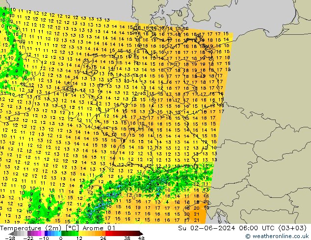 Temperature (2m) Arome 01 Ne 02.06.2024 06 UTC