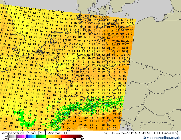 Temperatura (2m) Arome 01 dom 02.06.2024 09 UTC