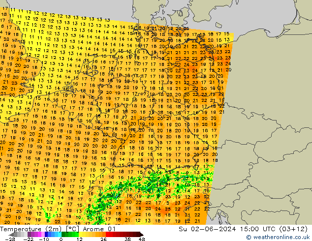 Temperatuurkaart (2m) Arome 01 zo 02.06.2024 15 UTC