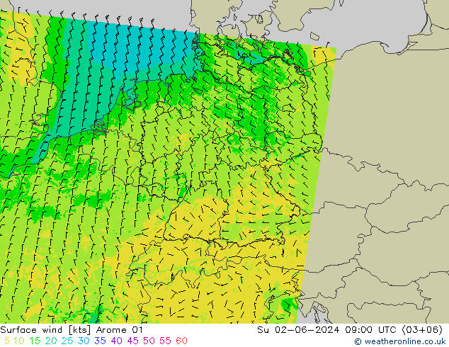 wiatr 10 m Arome 01 nie. 02.06.2024 09 UTC