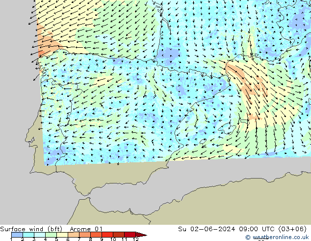 Surface wind (bft) Arome 01 Su 02.06.2024 09 UTC